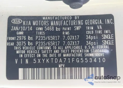 2015 Kia Sorento Lx V6 z USA, uszkodzony, nr VIN 5XYKTDA71FG553410